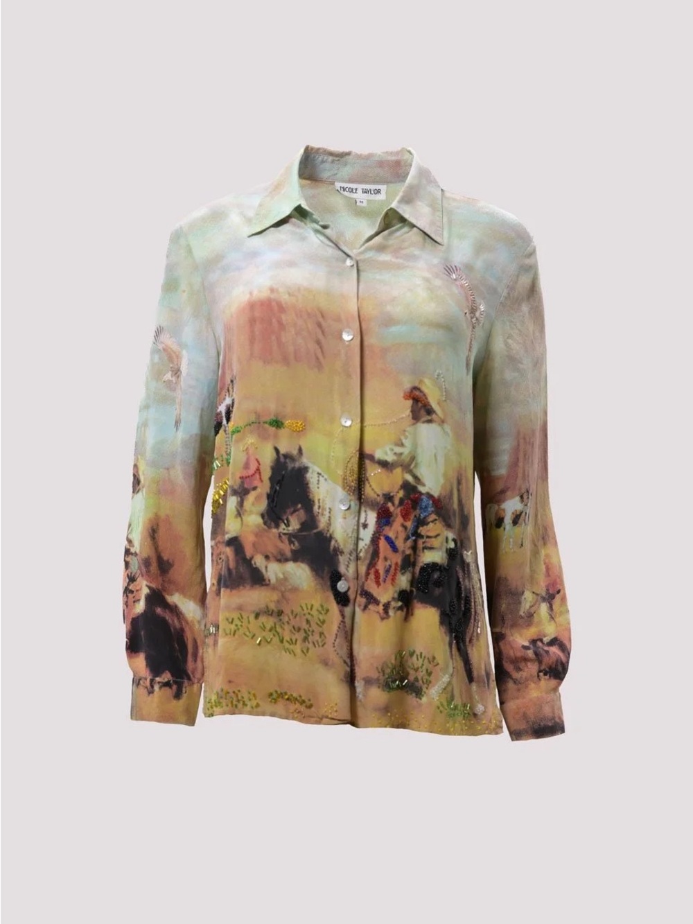 Talk Of The Walk Vintage 90s Cowgirl Art To Wear Silk Beaded Western Blouse